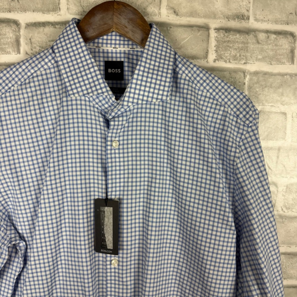 Hugo Boss Mens Slim Fit Easy Iron Gingham Dress Shirt Blue White 16.5 LARGE NEW